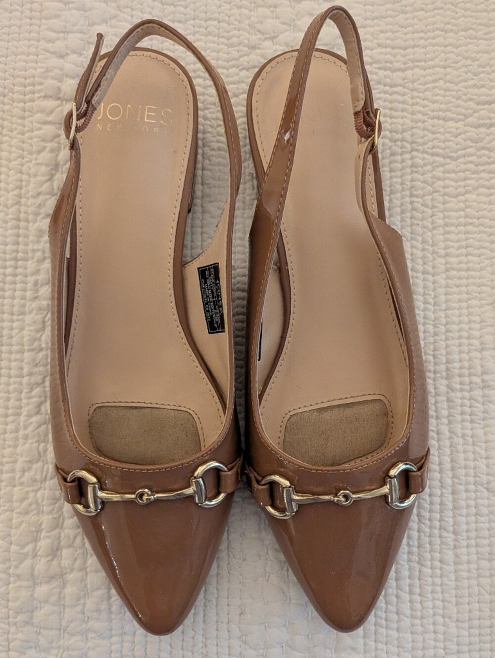Jones New York Brown Faux Patent Leather Slingback Flats with Gold Hardware 8.5